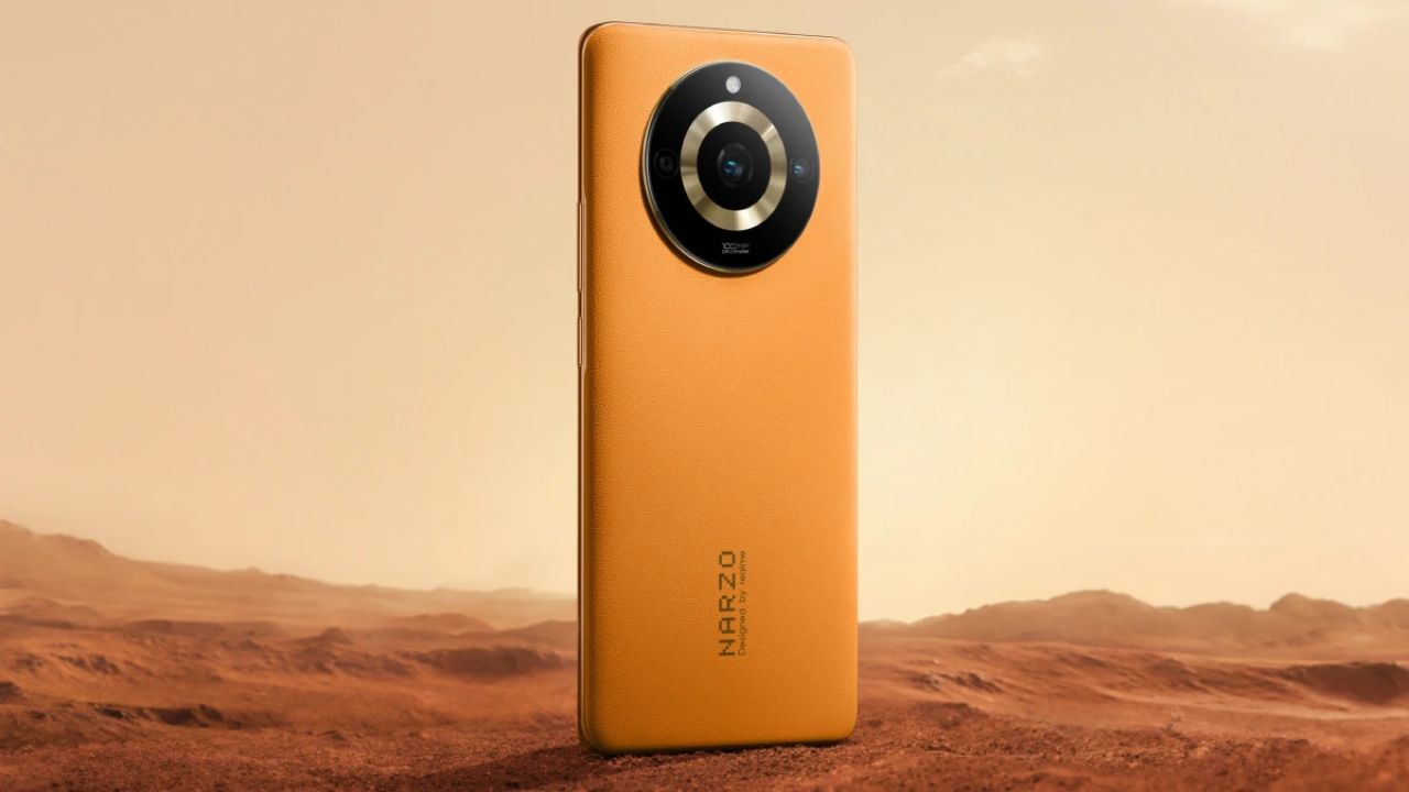 NARZO 70 Pro 5G in orange color in brown background