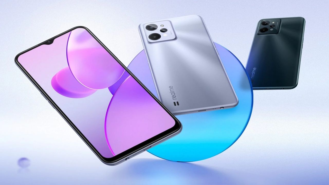 realme c30 in three color on white background with blue circle