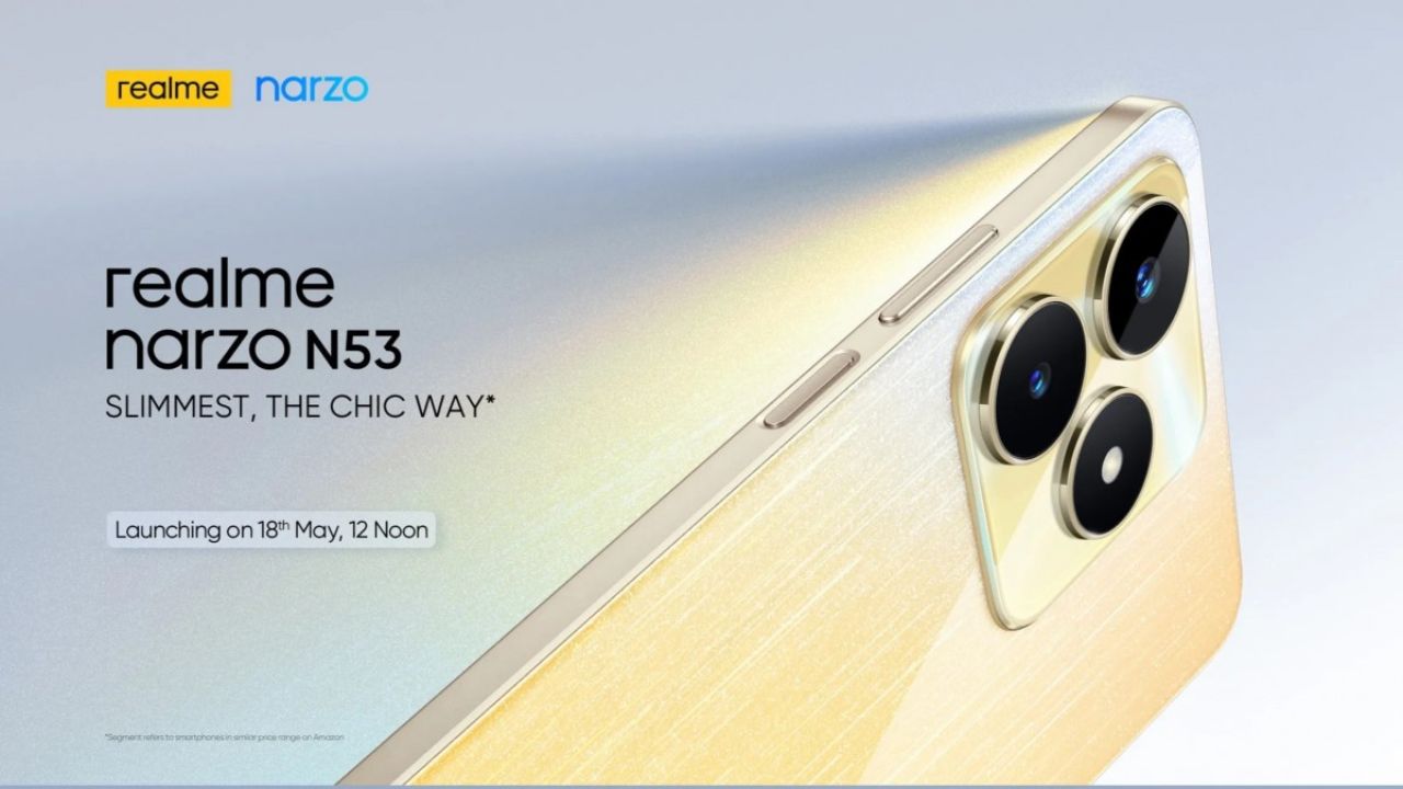 Realme Narzo N53 in golden color golden background with some text