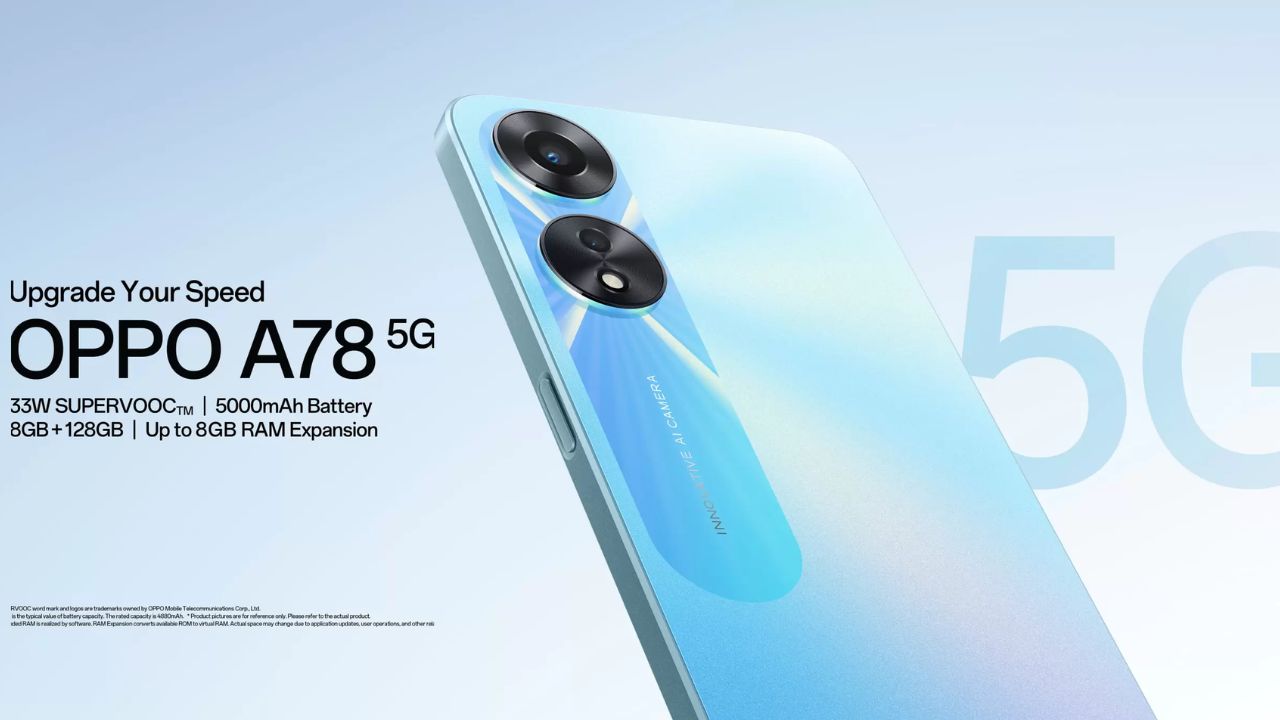 oppo a 78 in light blue color with some written text in background on light blue color