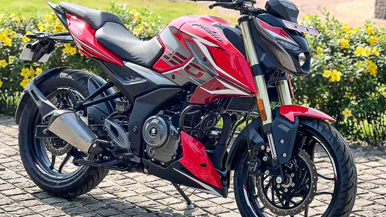 Bajaj Pulsar N250 in red color in garden near some plants