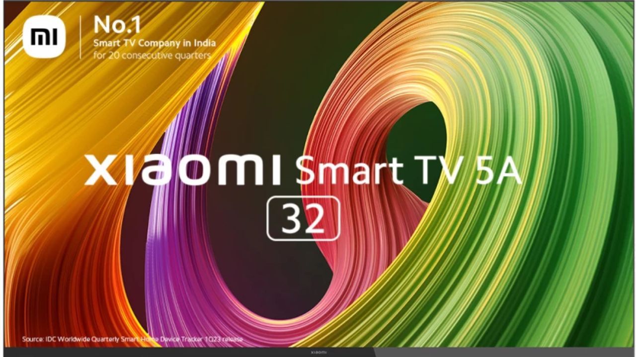 MI Smart TV in black color with some details written on screen abou MI TV infront of white background