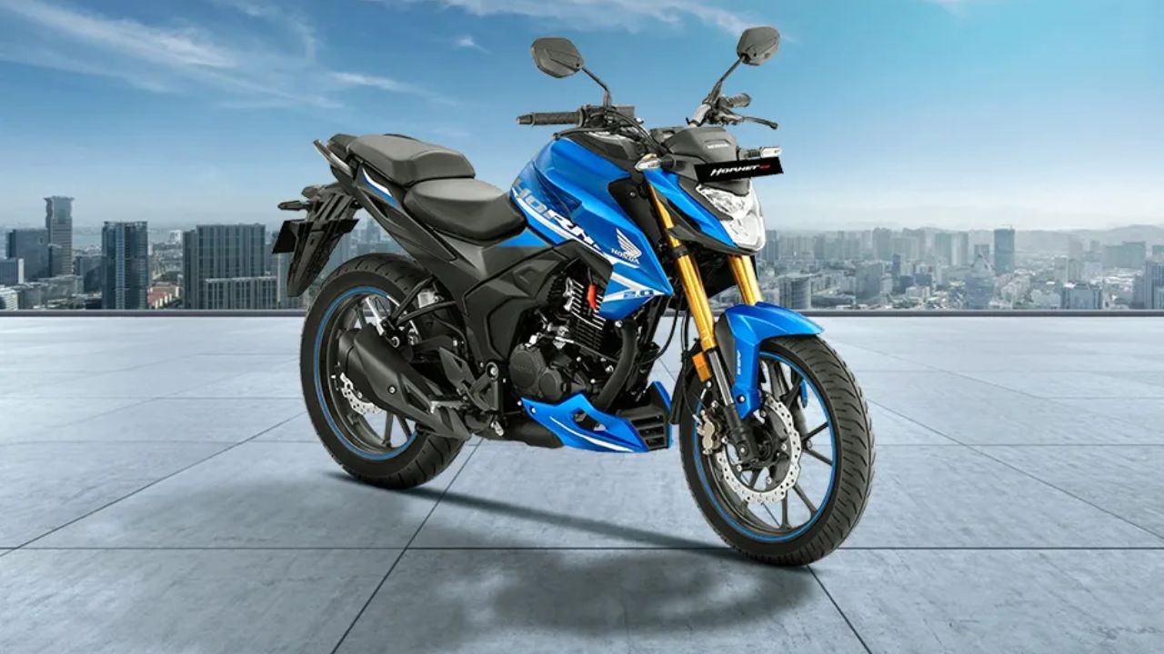 New Honda Hornet 2.0 in blue color infront of many buildings