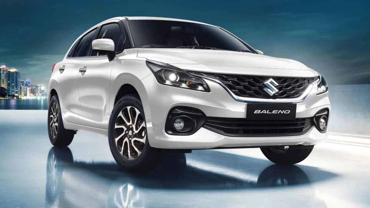 New Maruti Baleno in white color on white and blueish background