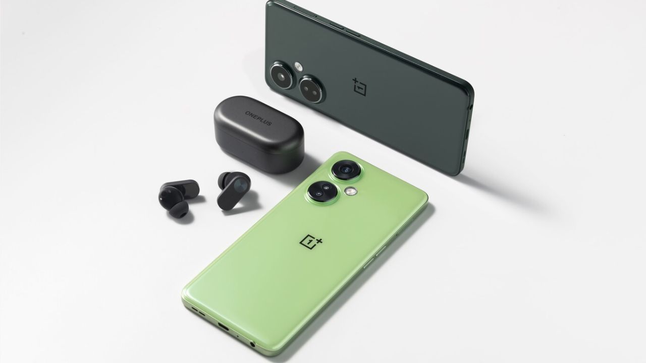 OnePlus Nord CE 3 Lite in green and black color with TWS infront of plain white background