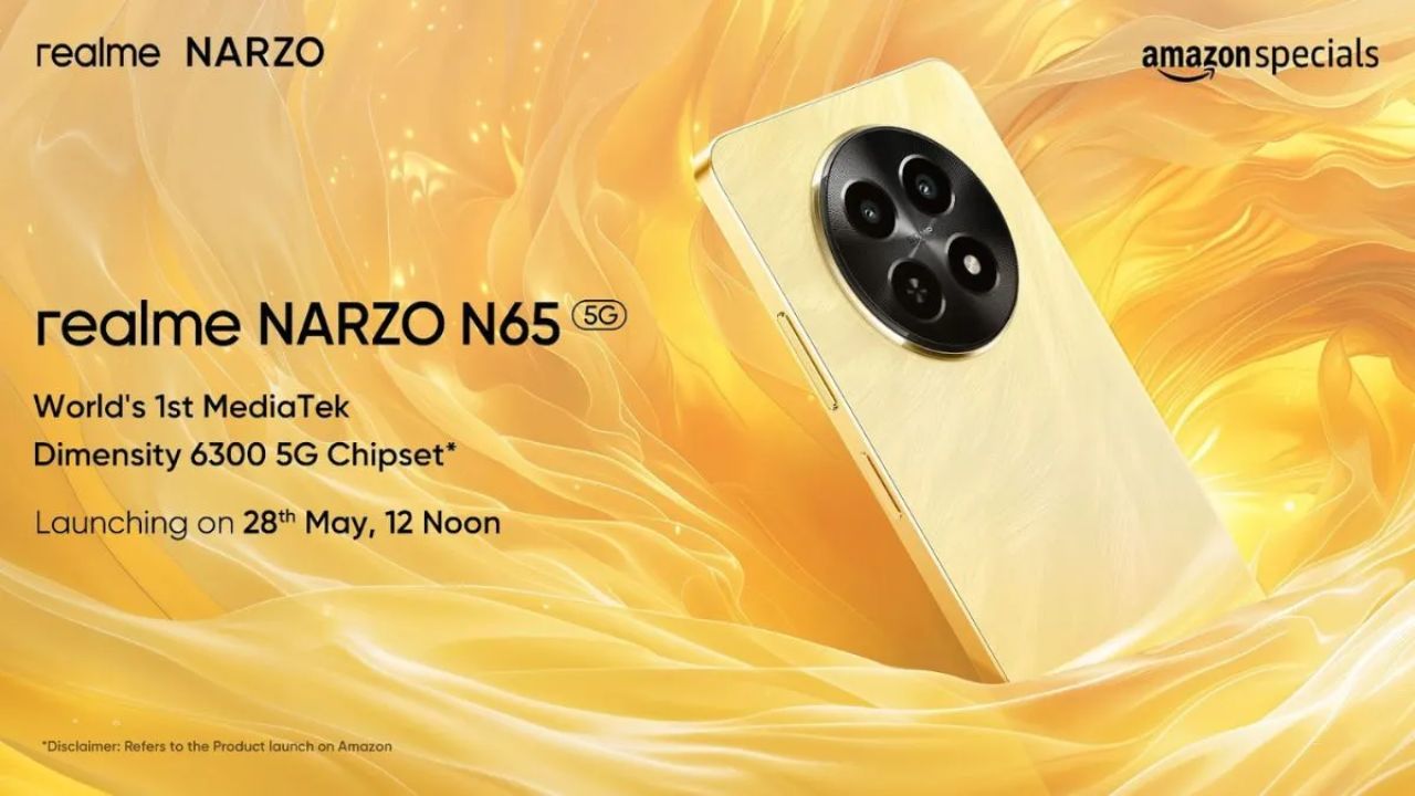 Realme Narzo N65 5G in light orange color in orange and yeloow background with some written text about launching