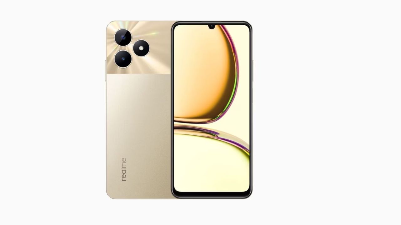 Realme c53 in golden color infront of plain white background