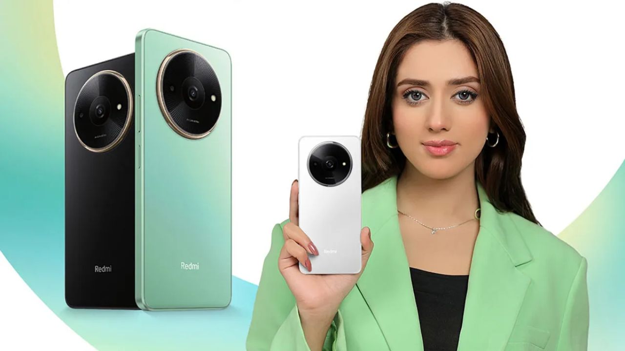 a women holding Redmi A3X in white color and in background this phone in green and black color