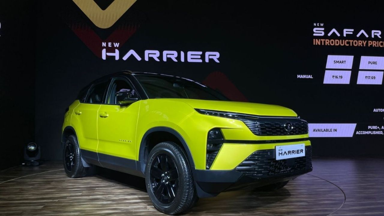 Tata Harrier SUV in neon color in showrrom