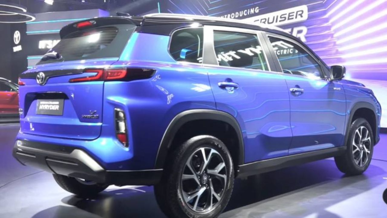 Toyota Urban Cruiser Hyryder in blue color in showroom