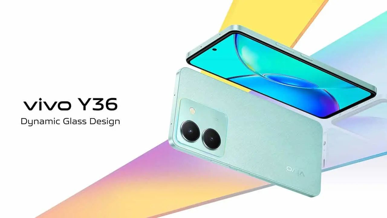 Vivo Y36 in mint color with front and back look infront of yellow pink and gold color background with some written text