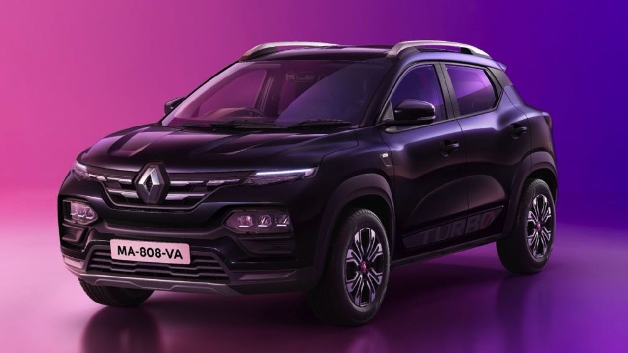 new renault kiger in black color on puple flat surface infront of purple background