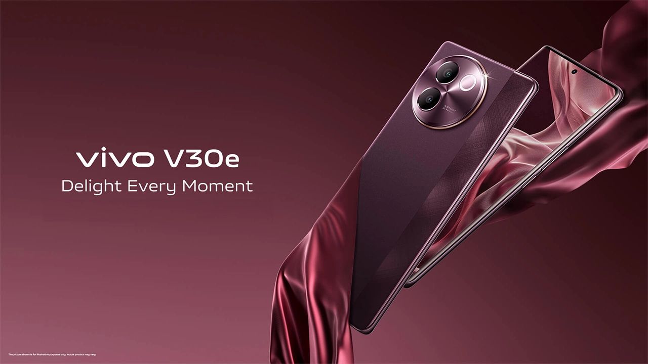 vivo v30e in velvet red color with front and back look infront of velvet red color background